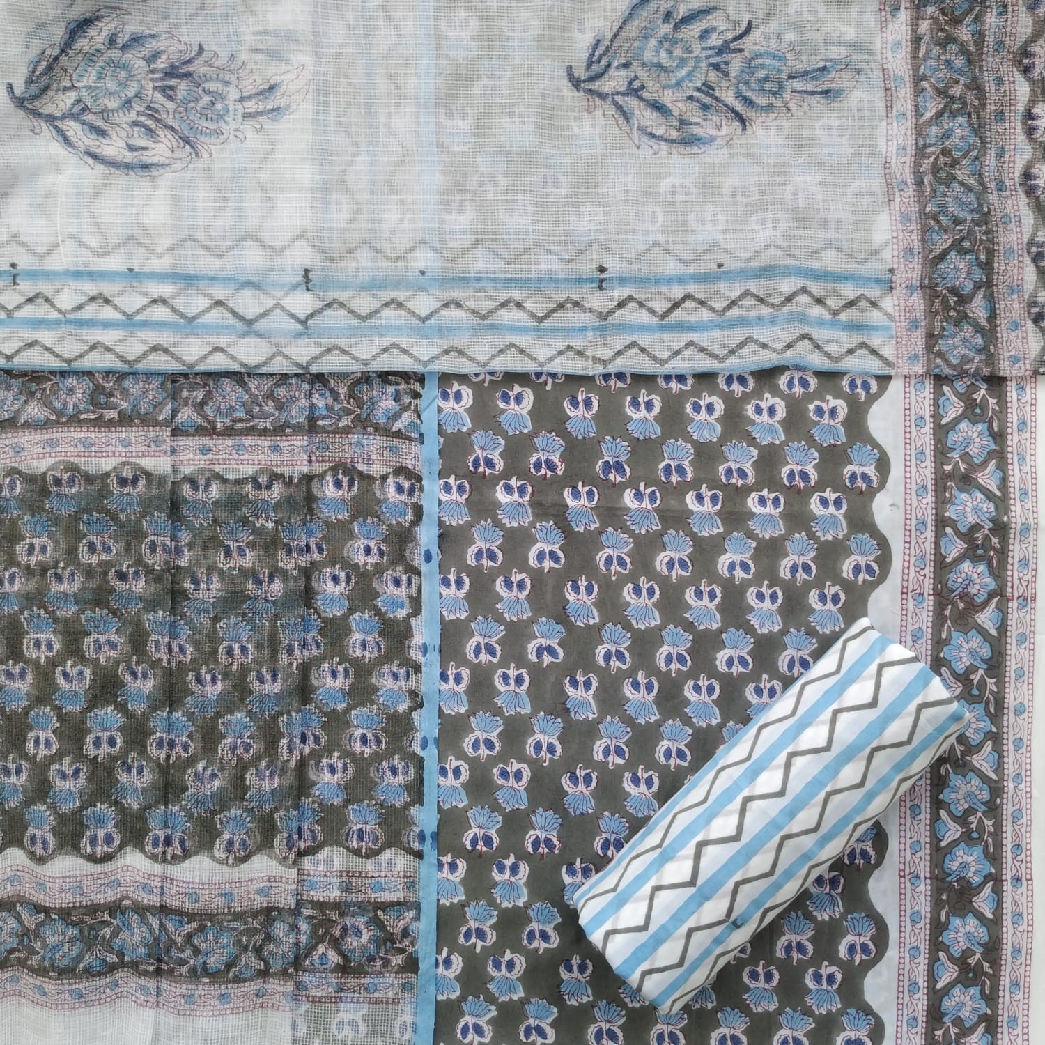 Shop unstitched kota doria dupatta cotton suit sets (3CKD571)