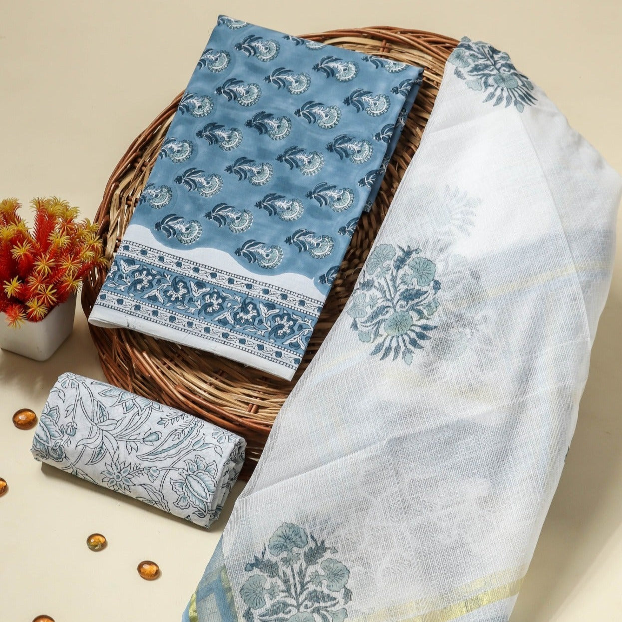 Shop unstitched kota dupatta cotton suit sets online (3CKD590)