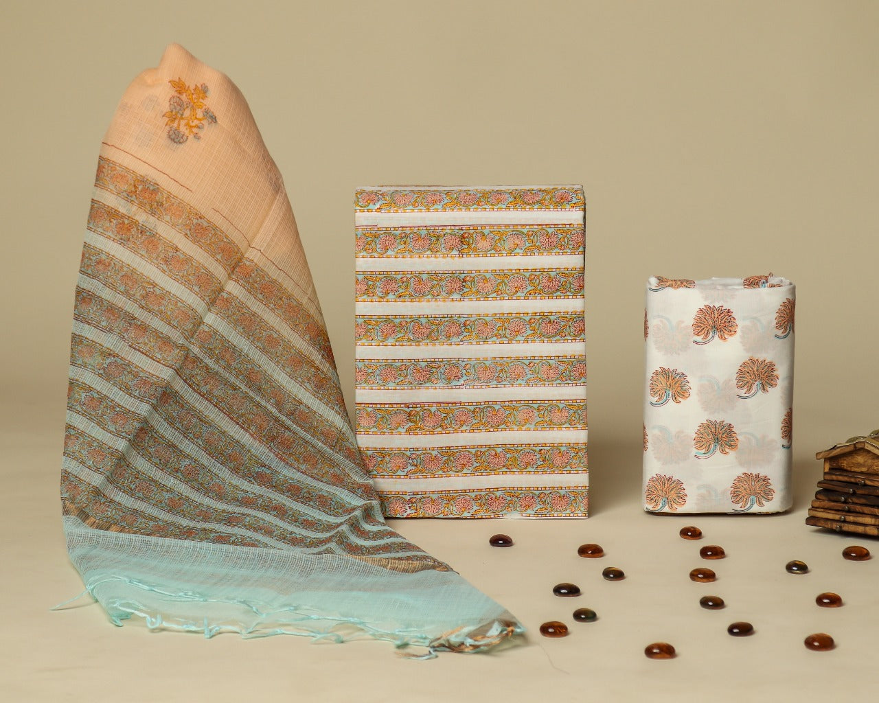 Shop unstitched hand block print cotton suit set with kota dupatta (3CKD611)