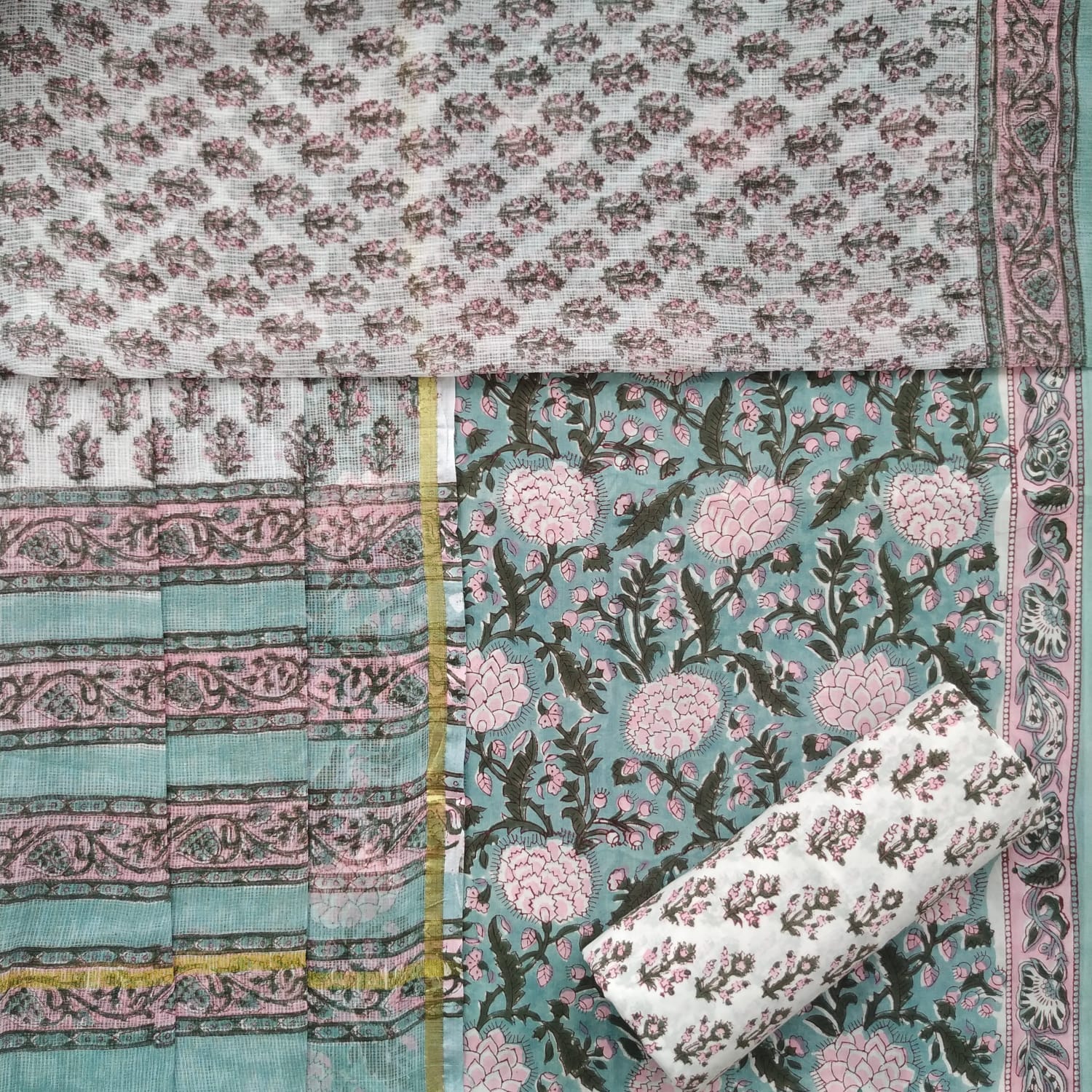 Shop hand block print cotton suit material with kota dupatta (3CKD618)