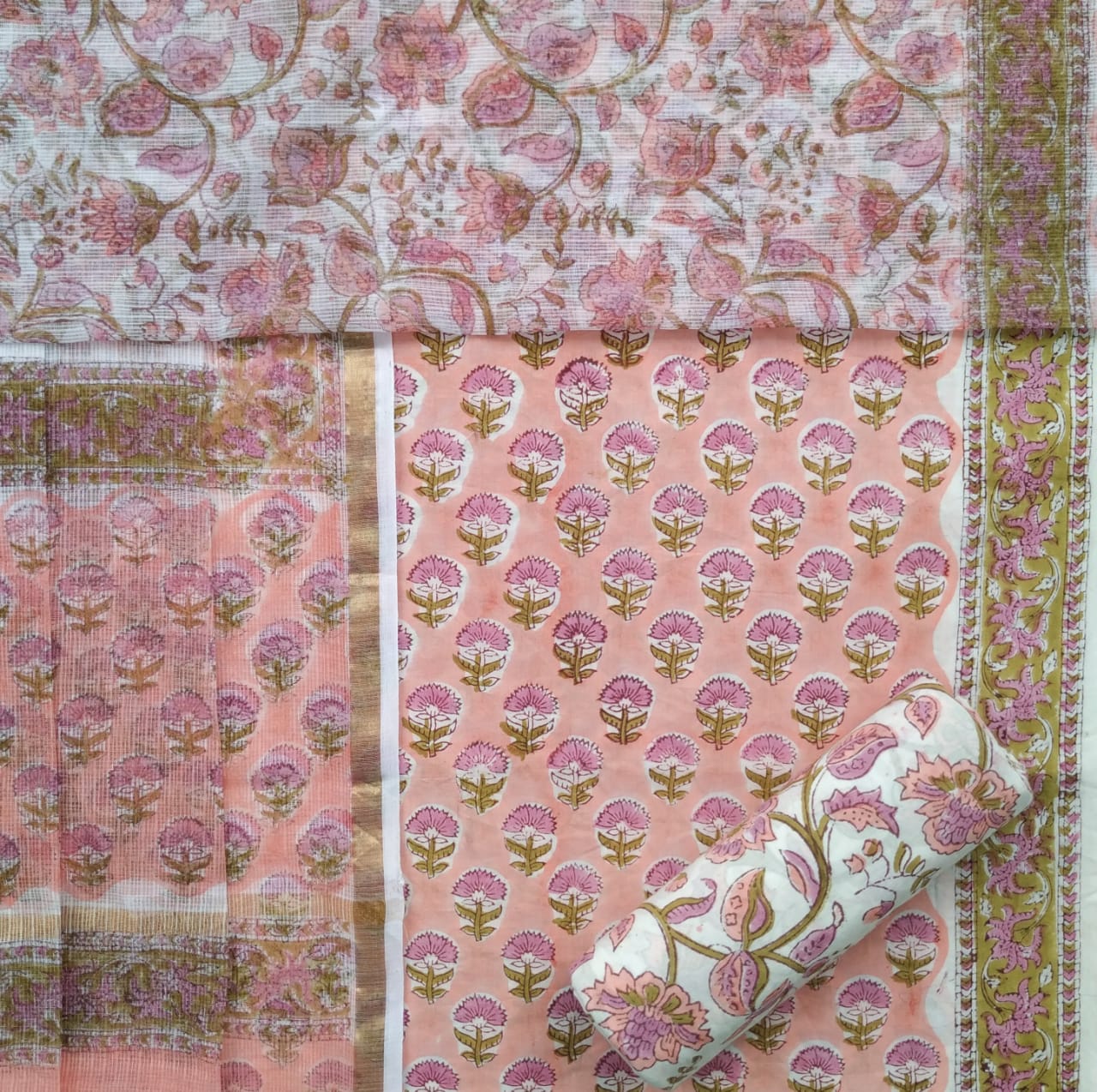 Shop unstitched cotton suit sets with kota doria dupatta (3CKD621)