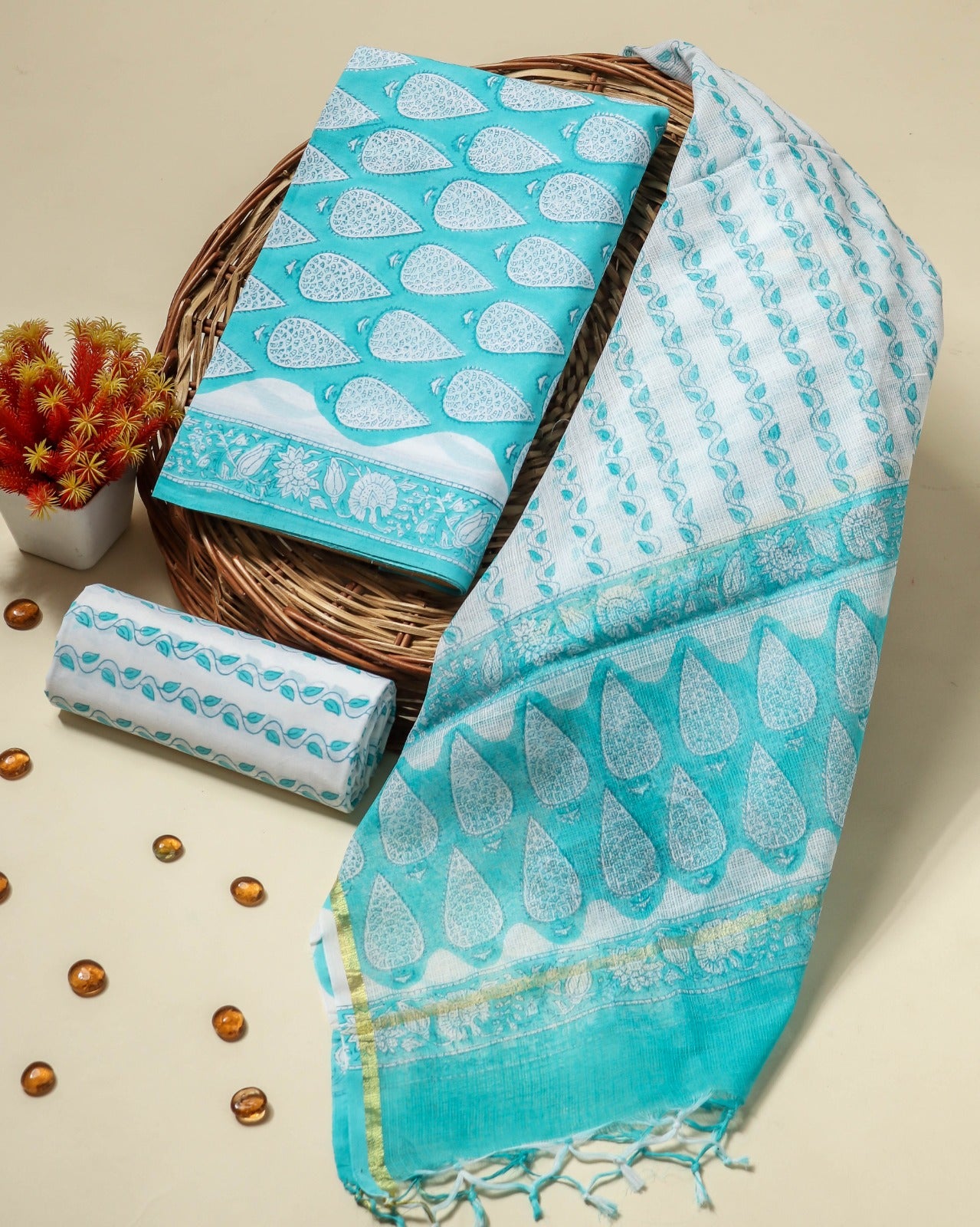 Shop unstitched hand block print cotton suit sets with kota dupatta (3CKD623)