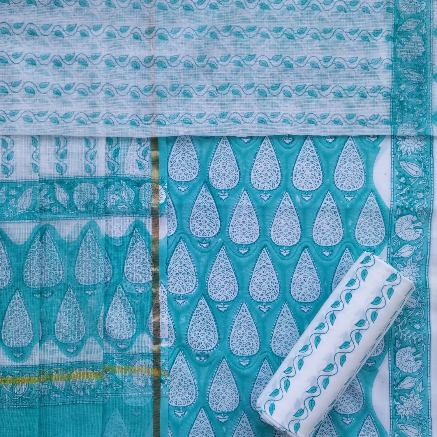 Shop unstitched hand block print cotton suit sets with kota dupatta (3CKD623)