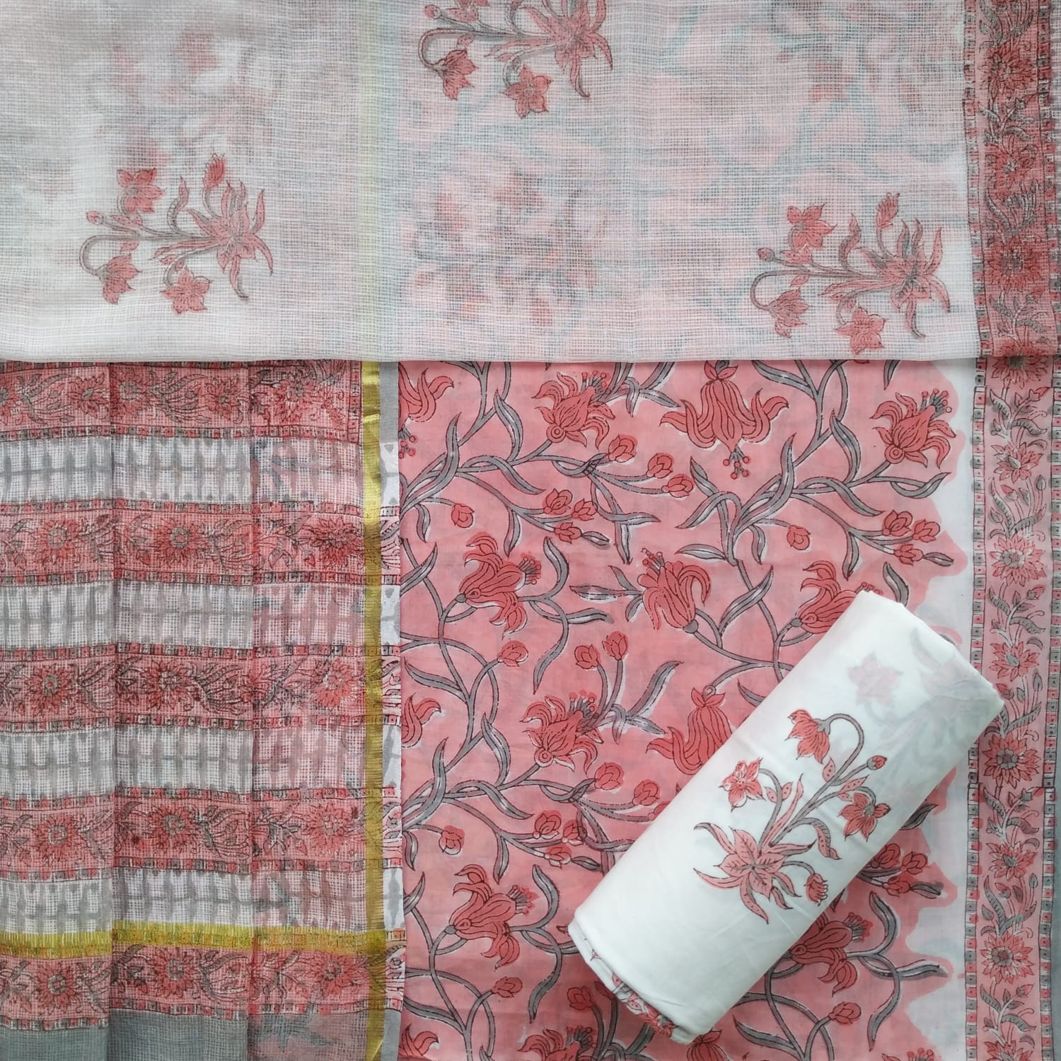 Shop hand block print cotton suit with kota dupatta (3CKD657)