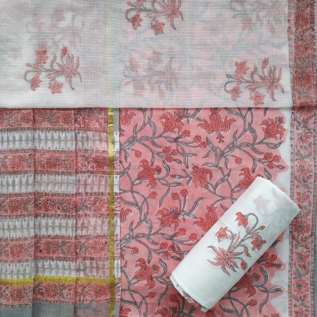 Shop hand block print cotton suit with kota dupatta (3CKD657)