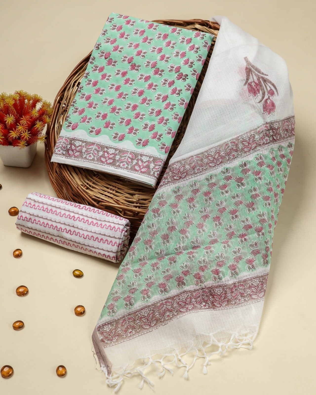 Shop block print kota doria dupatta cotton suit sets (3CKD666)