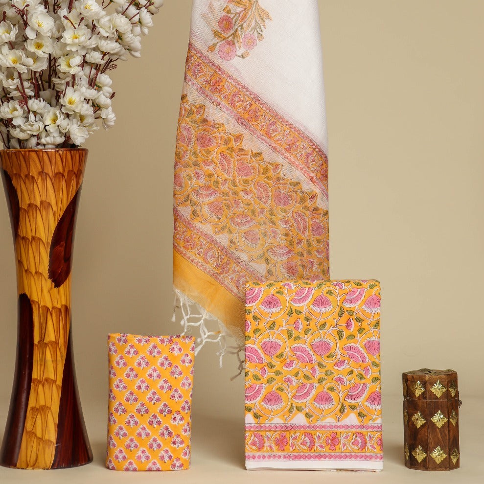 Shop unstitched hand block print cotton suit sets in jaipur (3CKD678)