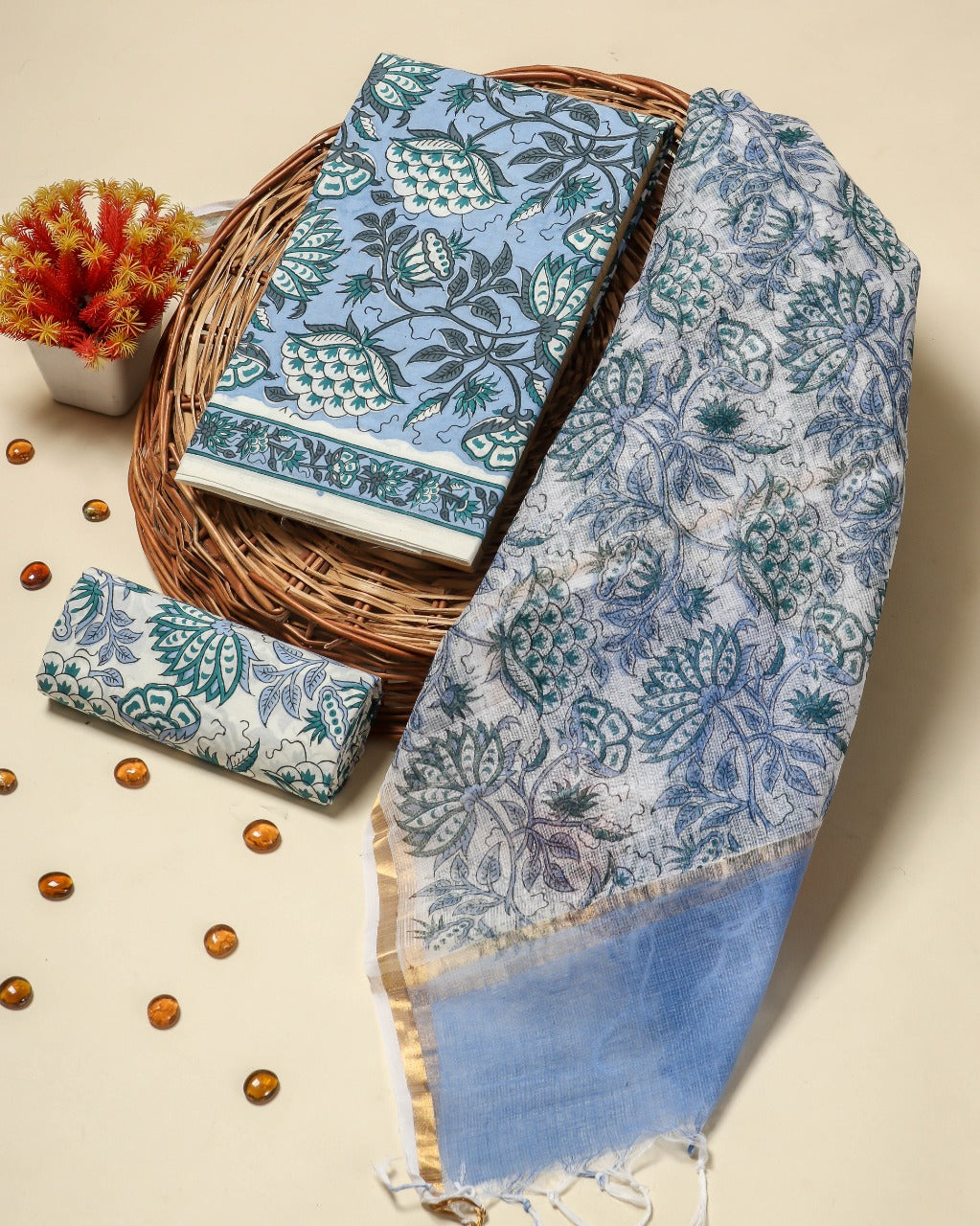 Shop unstitched cotton suit set with kota dupatta online (3CKD687)