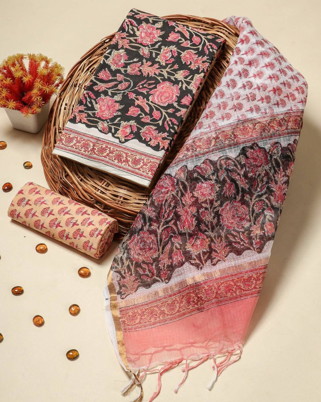 Shop unstitched cotton suit sets with kota doria dupatta online (3CKD689)