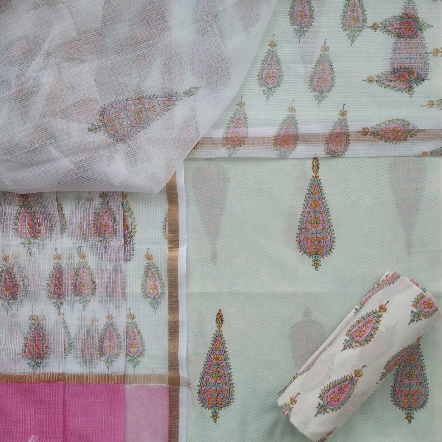 Shop block print cotton suit sets with kota dupatta (3CKD690)