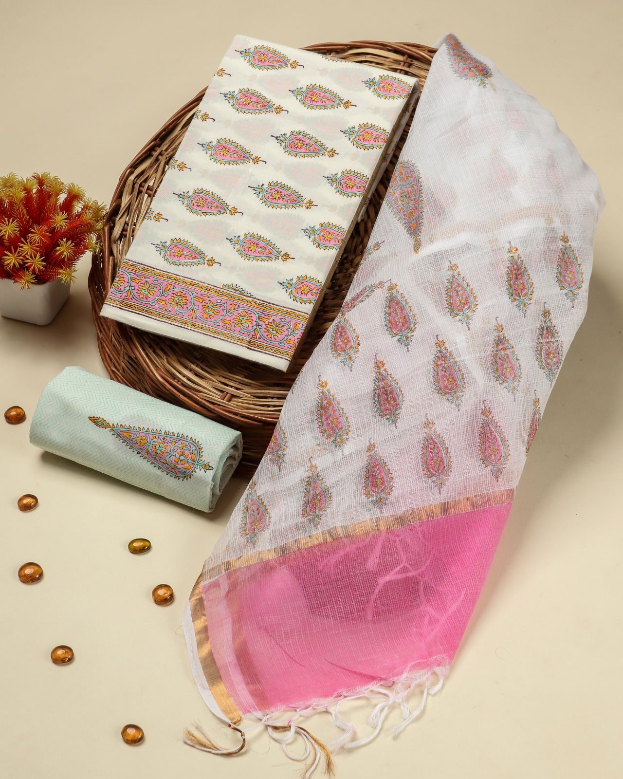 Shop block print cotton suit sets with kota dupatta (3CKD690)