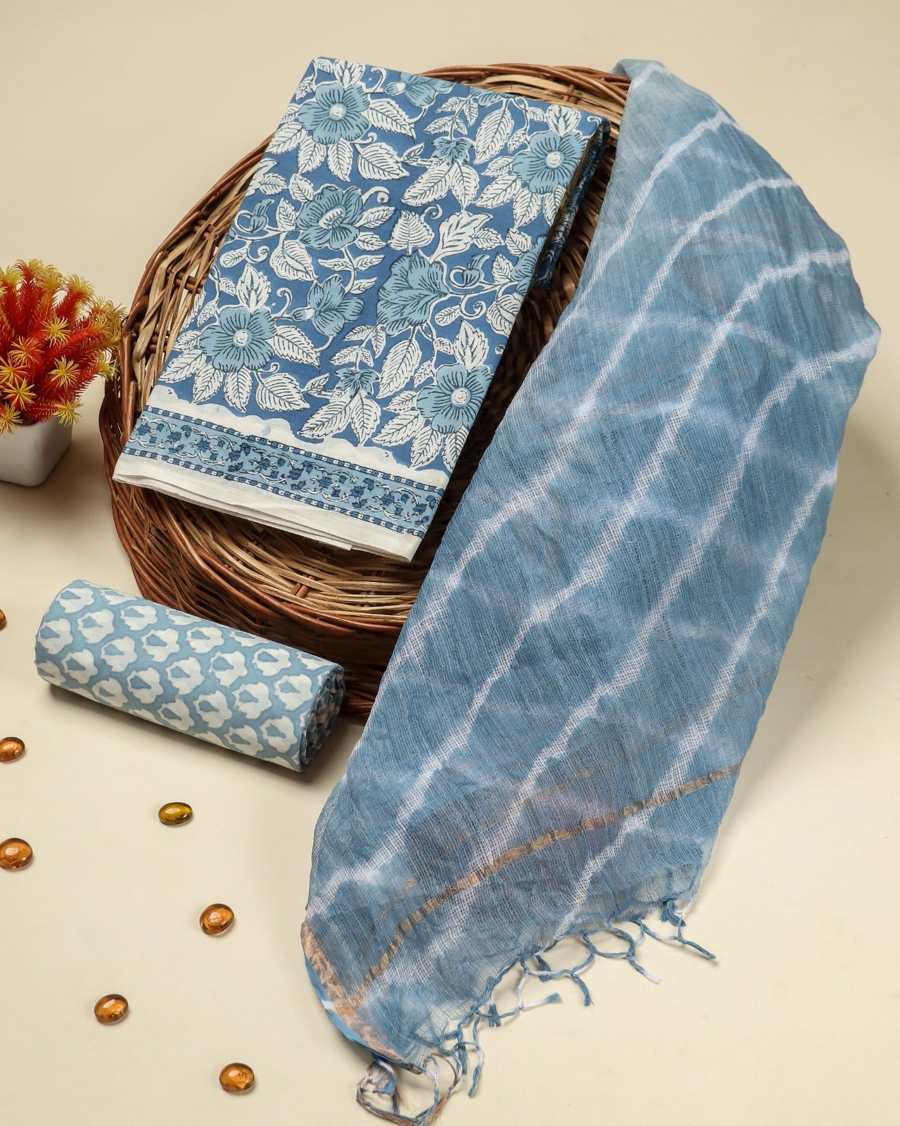 Shop block print cotton suits with kota doria dupatta online (3CKD700)