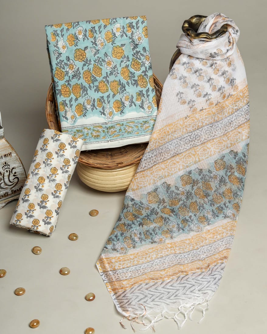 Shop hand block print cotton suit set with kota doria dupatta (3CKD705)