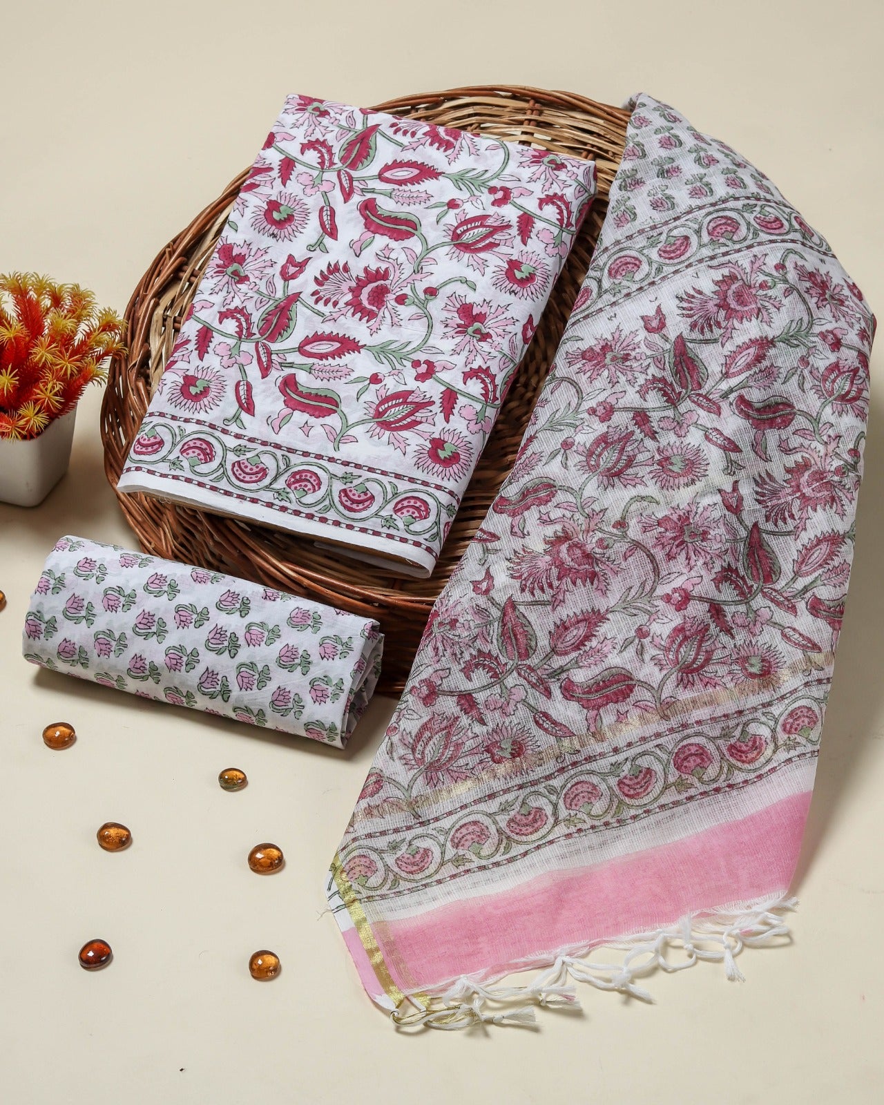 Shop hand block print cotton suits with kota dupatta (3CKD713)