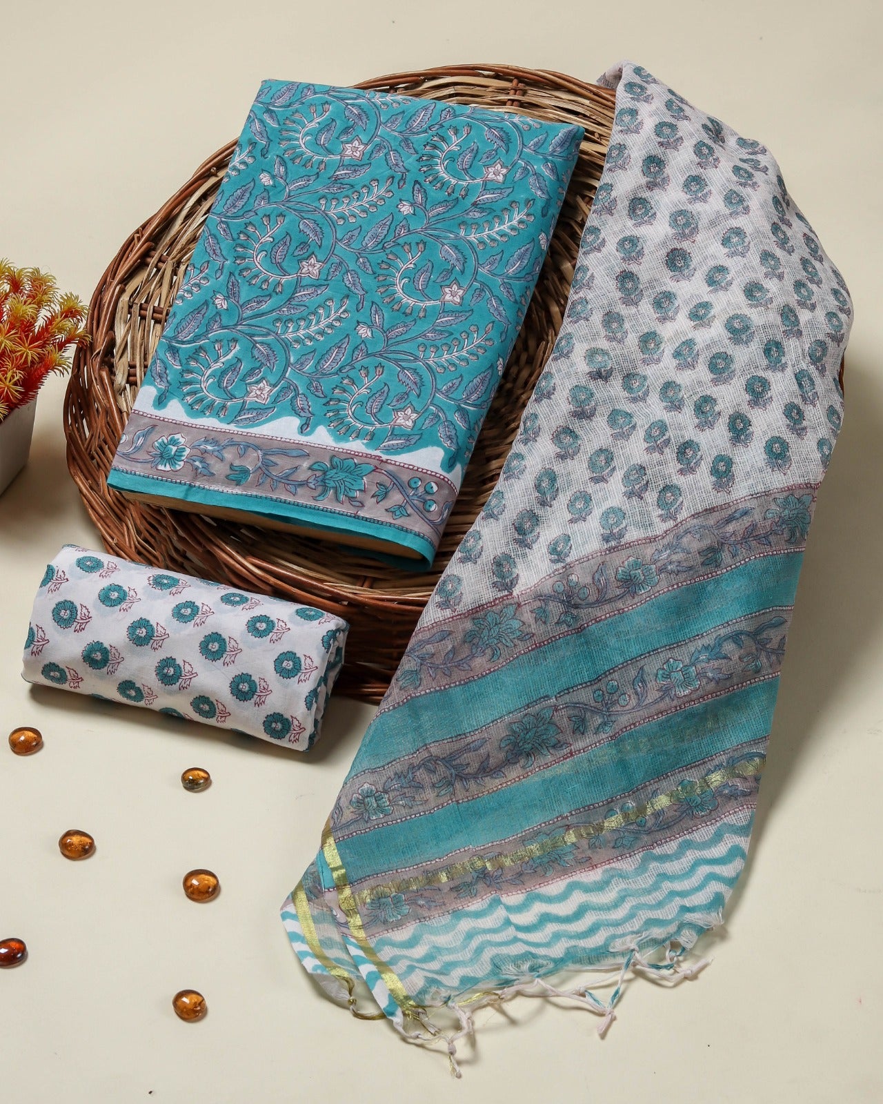 Shop unstitched cotton suit sets with koat doria dupatta (3CKD715)