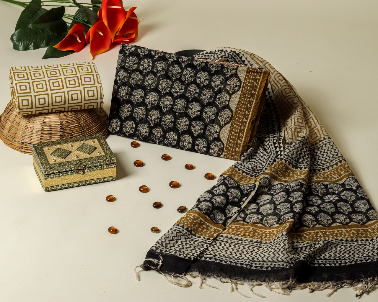 Shop Unstitched Bagru Print Premium Kota Doria Suits (3KD13)