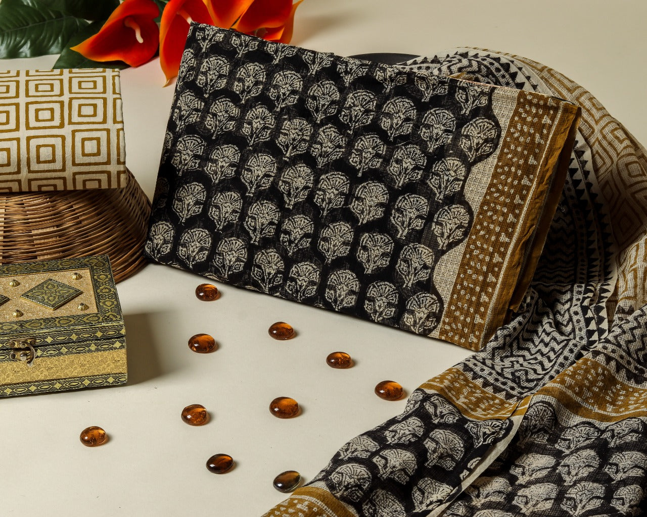 Shop Unstitched Bagru Print Premium Kota Doria Suits (3KD13)