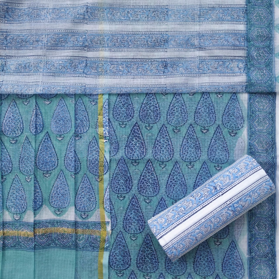 Shop Unstitched Hand Block Print Premium Kota Doria Suit Sets (3KD17)