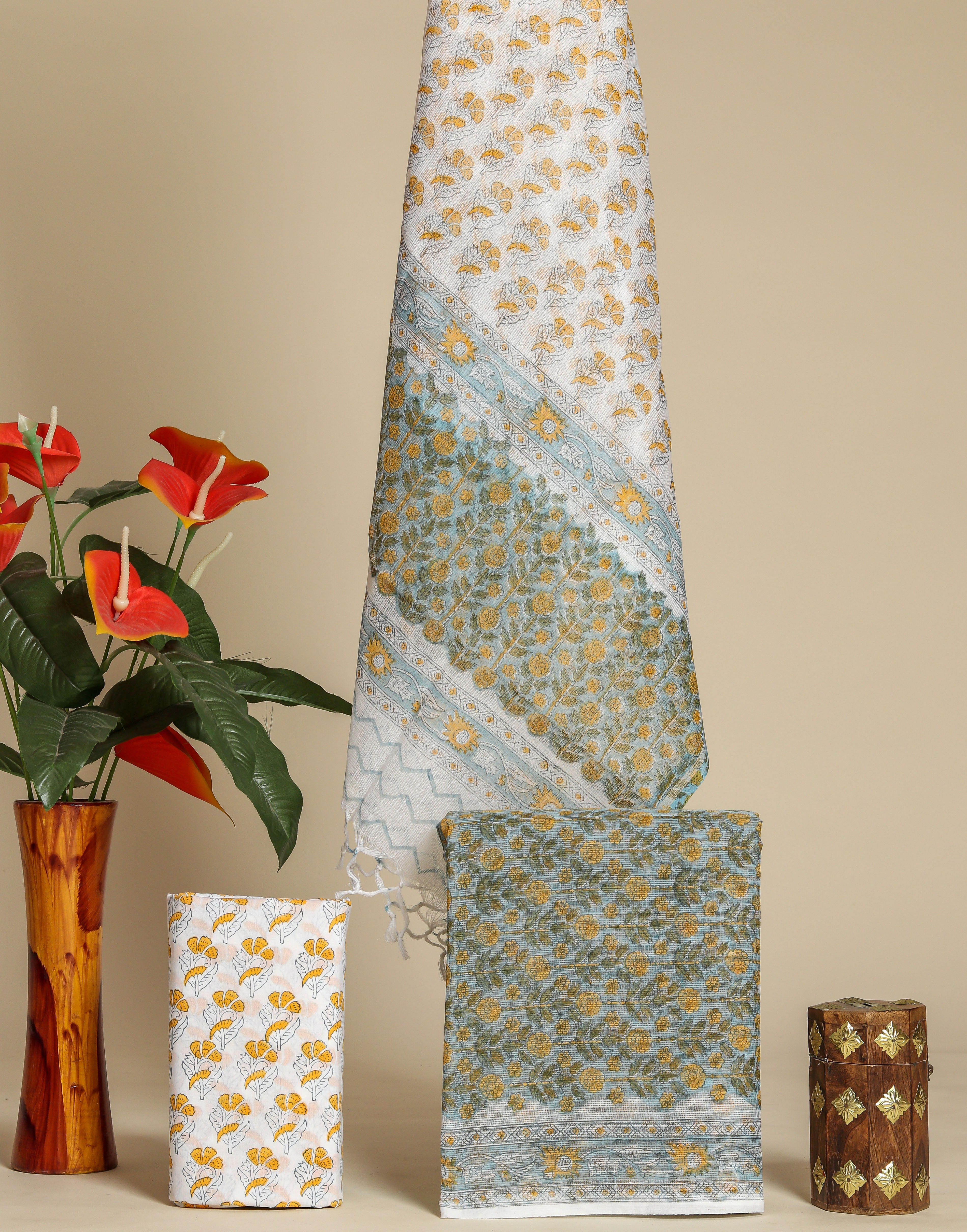 Traditional Hand Block Print Kota Doria Suit Set (3KD43)