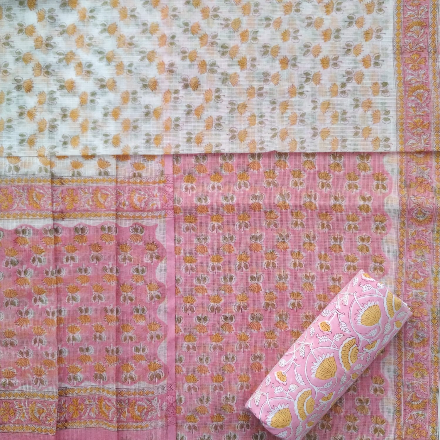 Shop unstitched hand block print kota doria suit sets (3KD46)