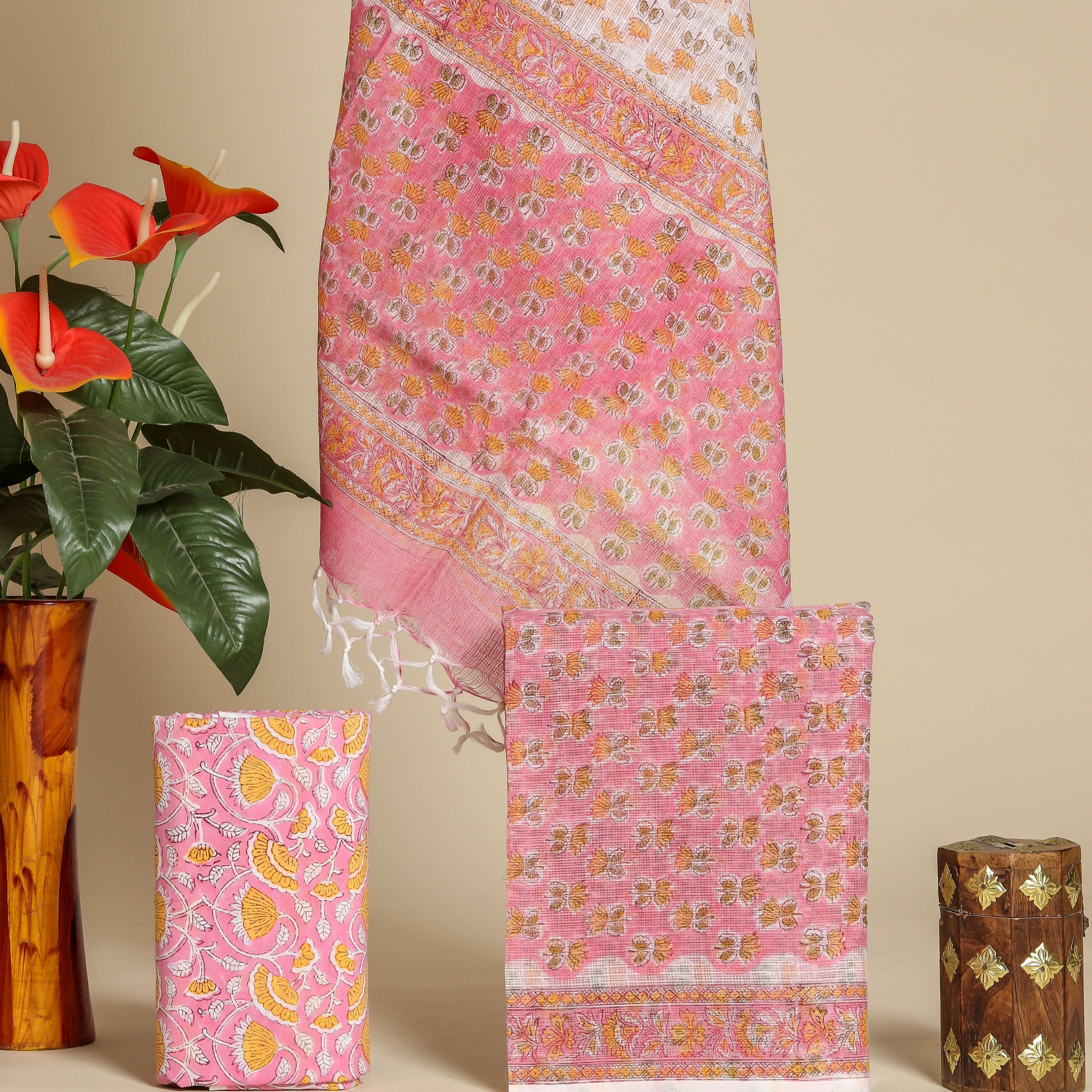 Shop unstitched hand block print kota doria suit sets (3KD46)