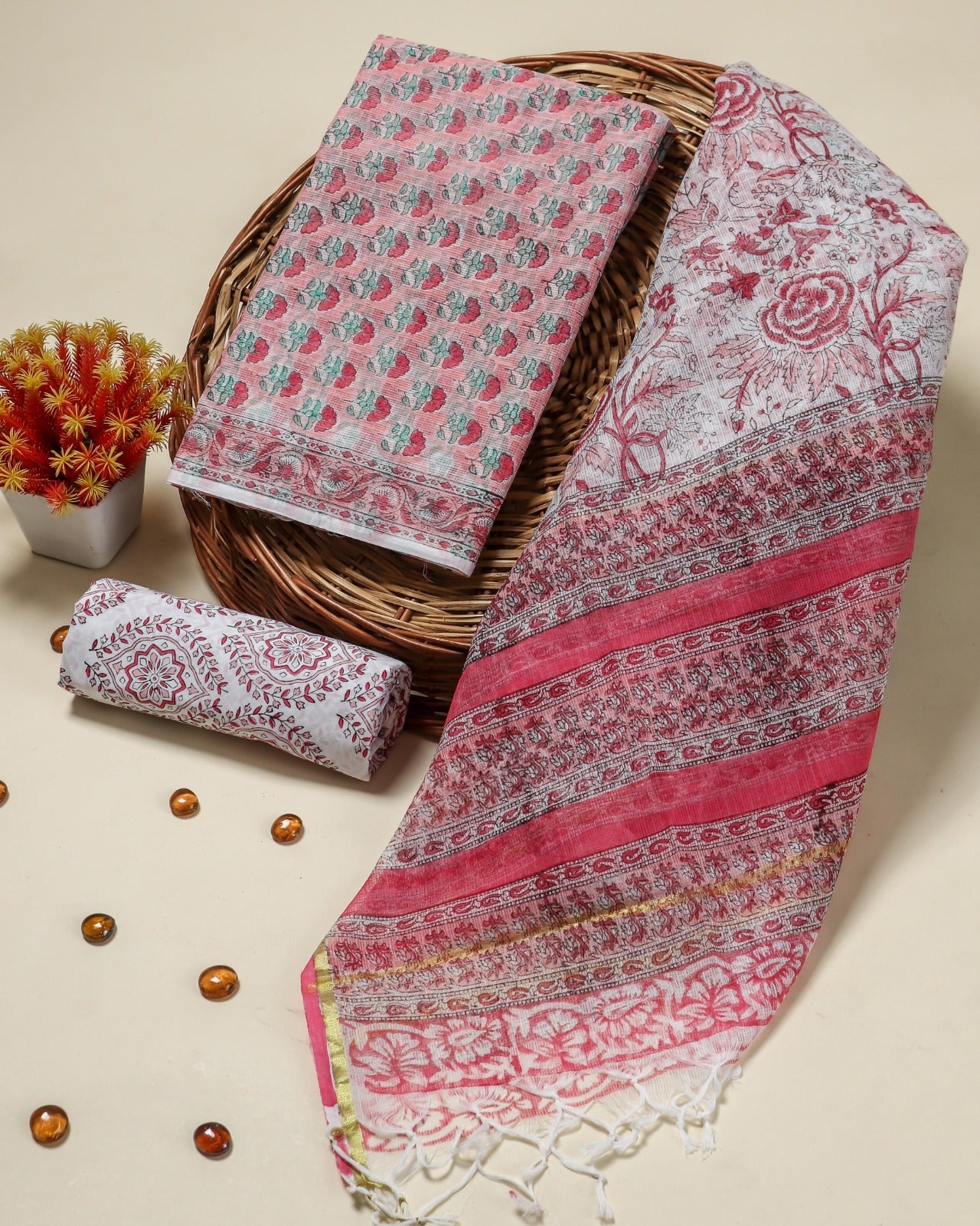 Shop unstitched hand block print kota doria suit sets (3KD52)