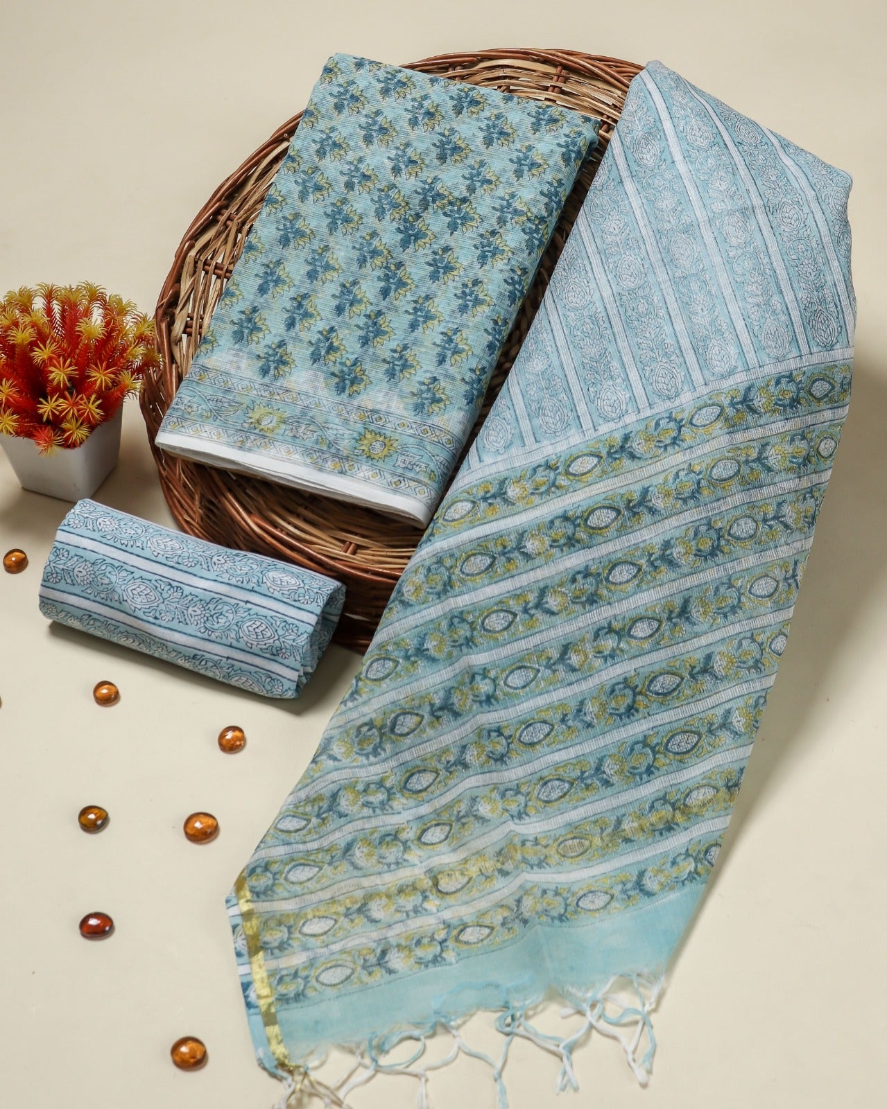 Shop unstitched hand block print kota doria suit sets (3KD54)