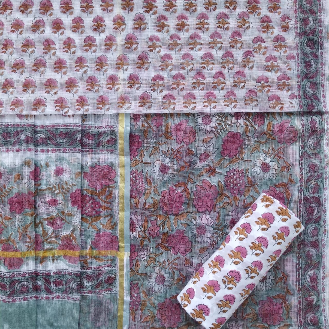 Designer Seagreen Jaal Print Kota Doria Suit Set (3KD56)