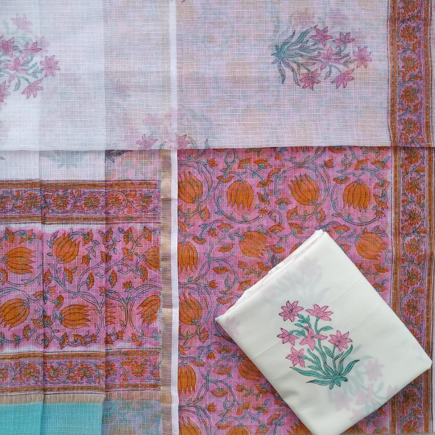 Shop unstitched hand block print kota doria suit sets (3KD59)