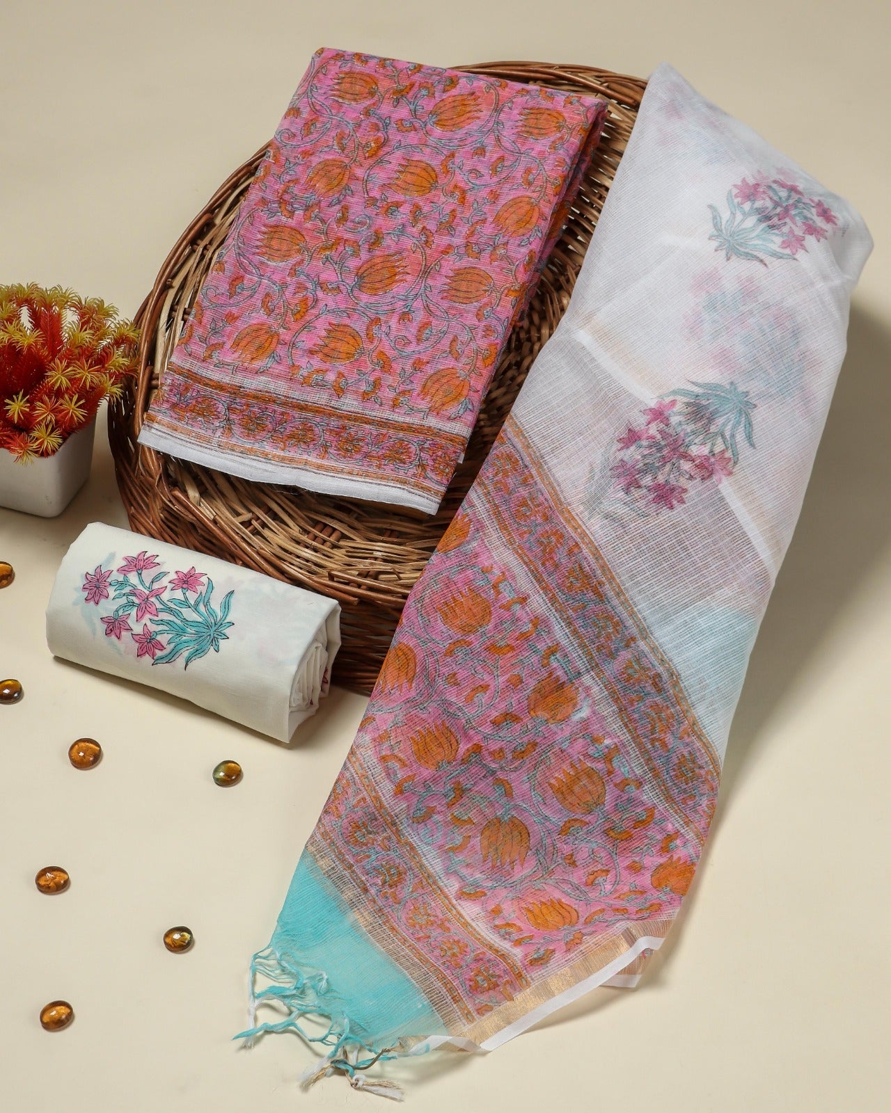 Shop unstitched hand block print kota doria suit sets (3KD59)