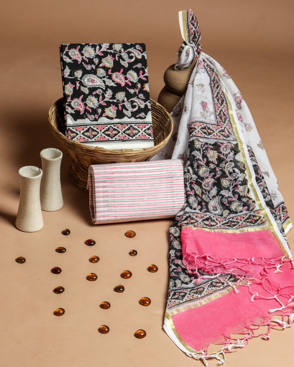 Shop Unstitched Hand Block Print Pure Cotton Suits with Kota Doria Dupatta (3CKD177)