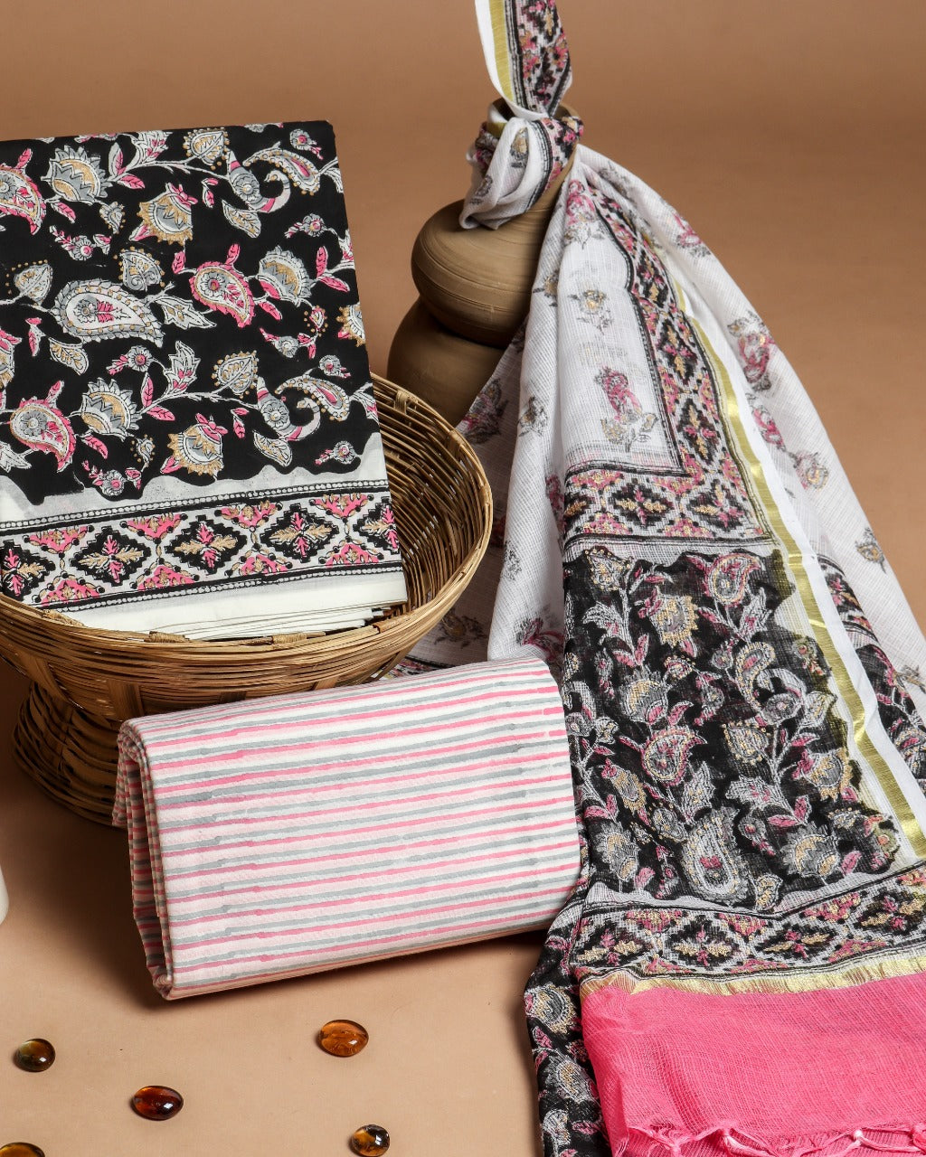 Shop Unstitched Hand Block Print Pure Cotton Suits with Kota Doria Dupatta (3CKD177)