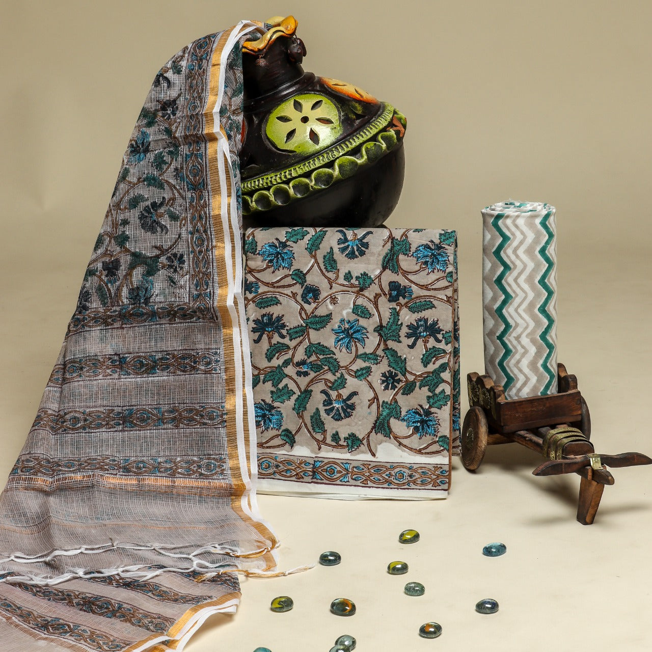 Shop Unstitched Block Print Pure Cotton Suit Material with Kota Doria Dupatta