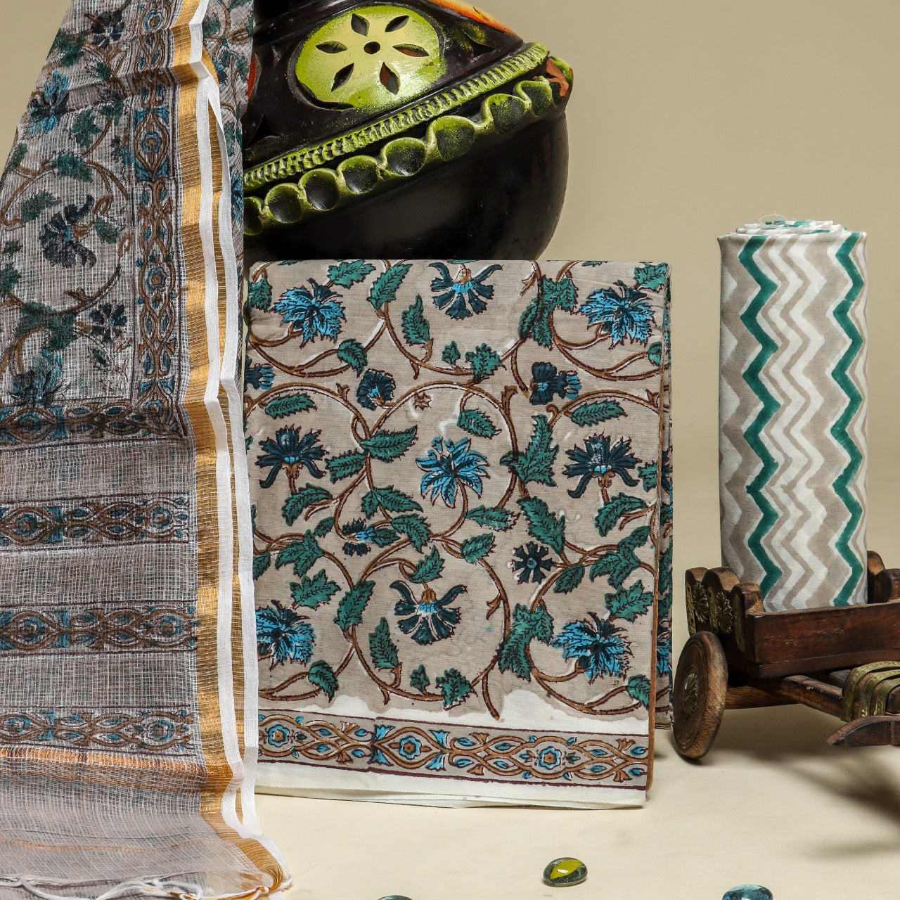 Shop Unstitched Block Print Pure Cotton Suit Material with Kota Doria Dupatta