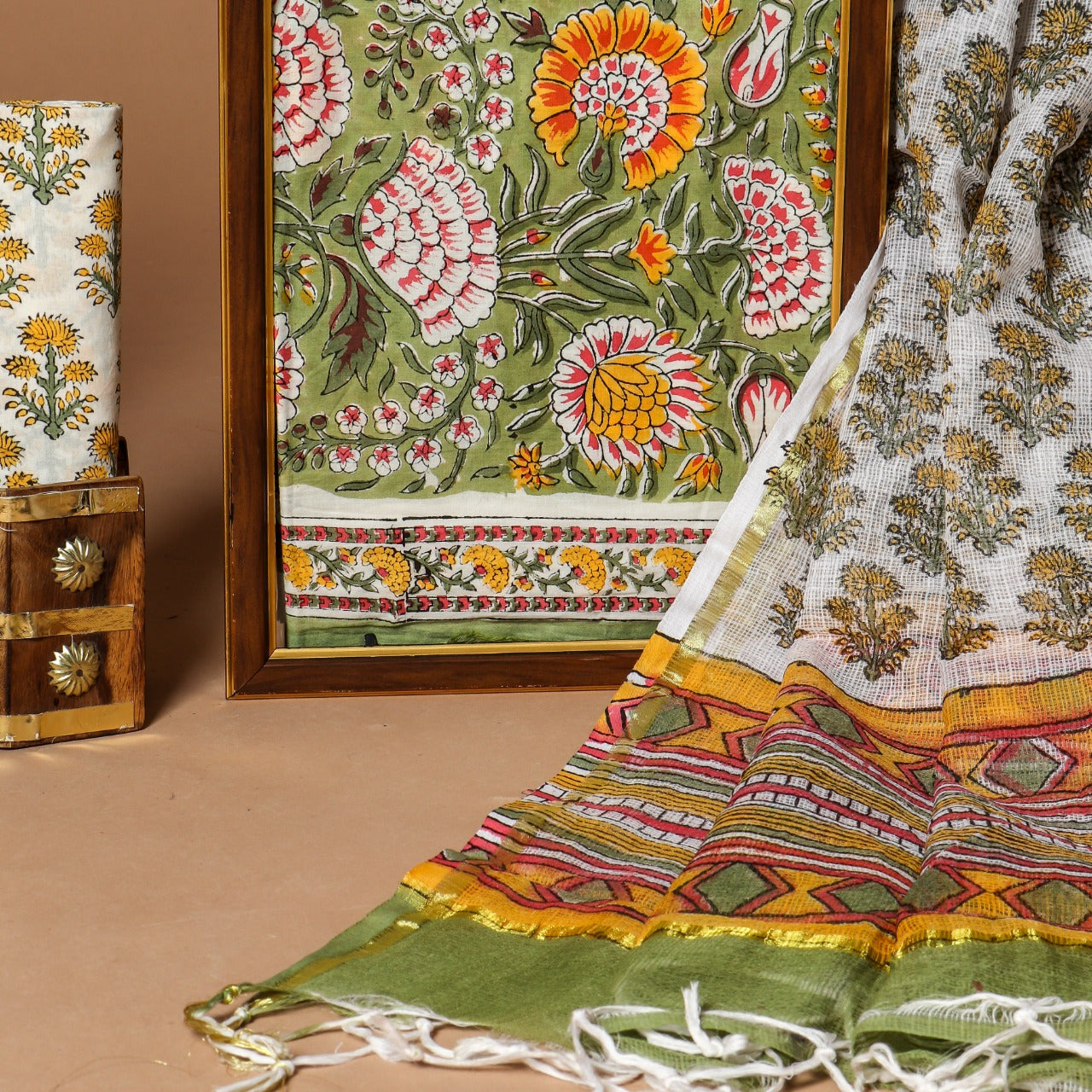 Shop unstitched cotton churidar suit set with kota doria dupatta (3CKD504)