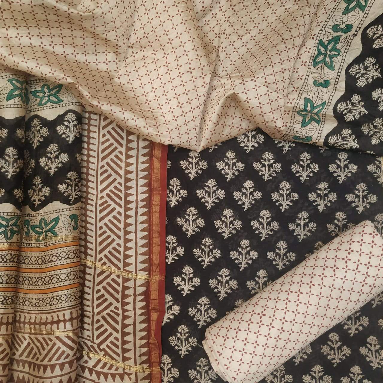 Elegant Black Floral Print Chanderi Suit with Chanderi Dupatta (CHA233) - ShalviFashion