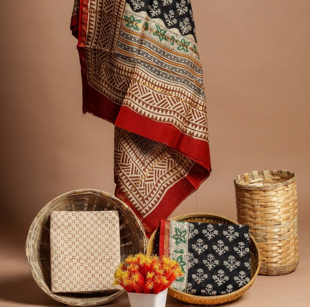 Elegant Black Floral Print Chanderi Suit with Chanderi Dupatta (CHA233) - ShalviFashion