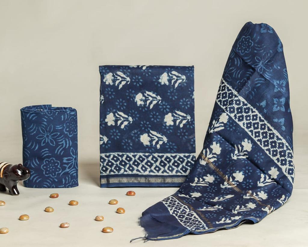 Shop indigo print chanderi silk suits online (CHA297)