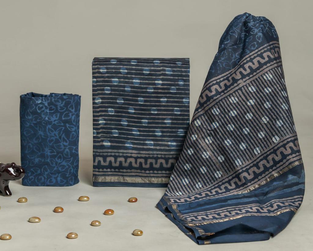 Shop indigo print chanderi silk suits in jaipur (CHA299)
