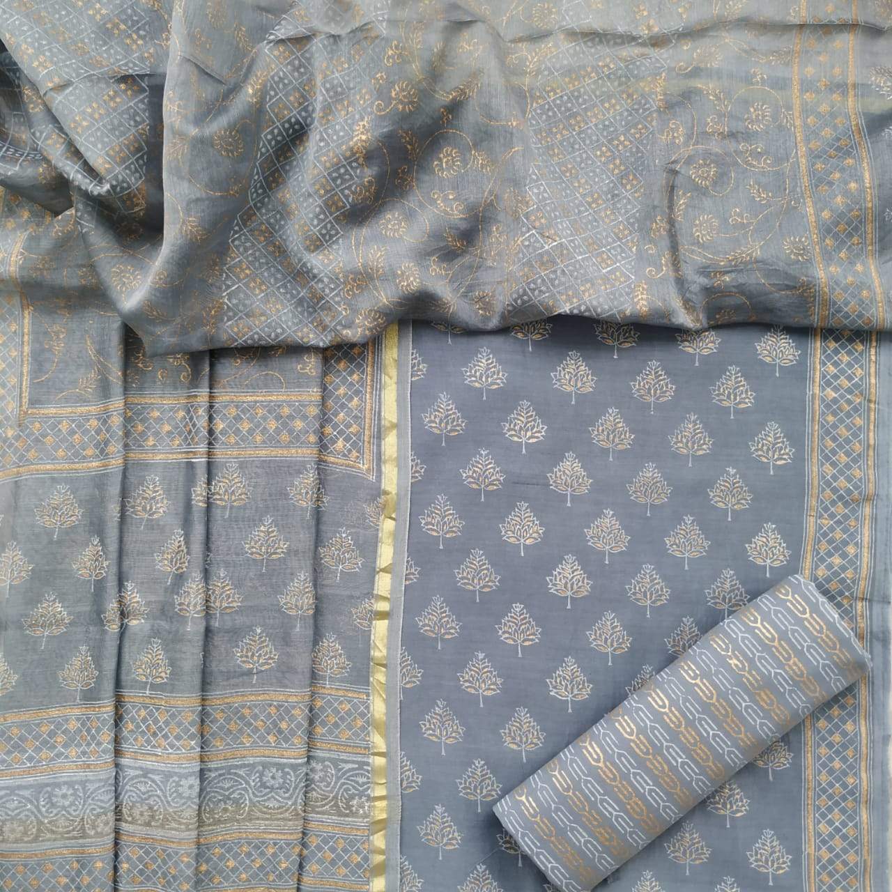 Traditional Block Print Chanderi Silk Suit set (CHA321) - ShalviFashion