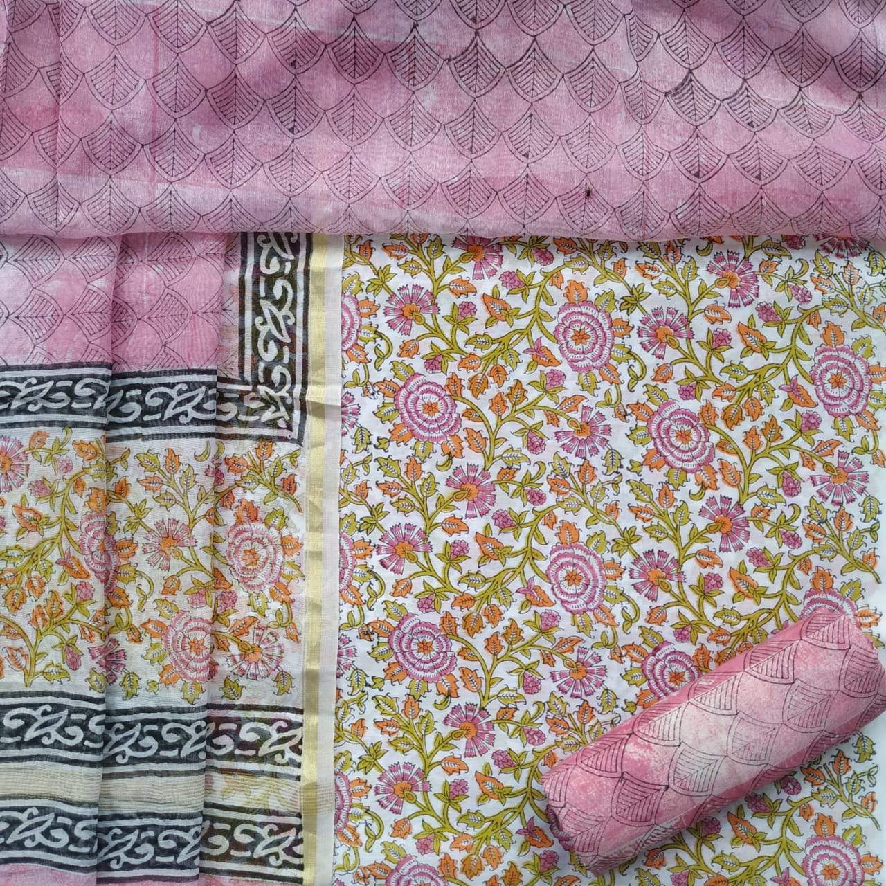 Shop Unstitched Hand Block Print Chanderi Silk Suit sets (CHA337)