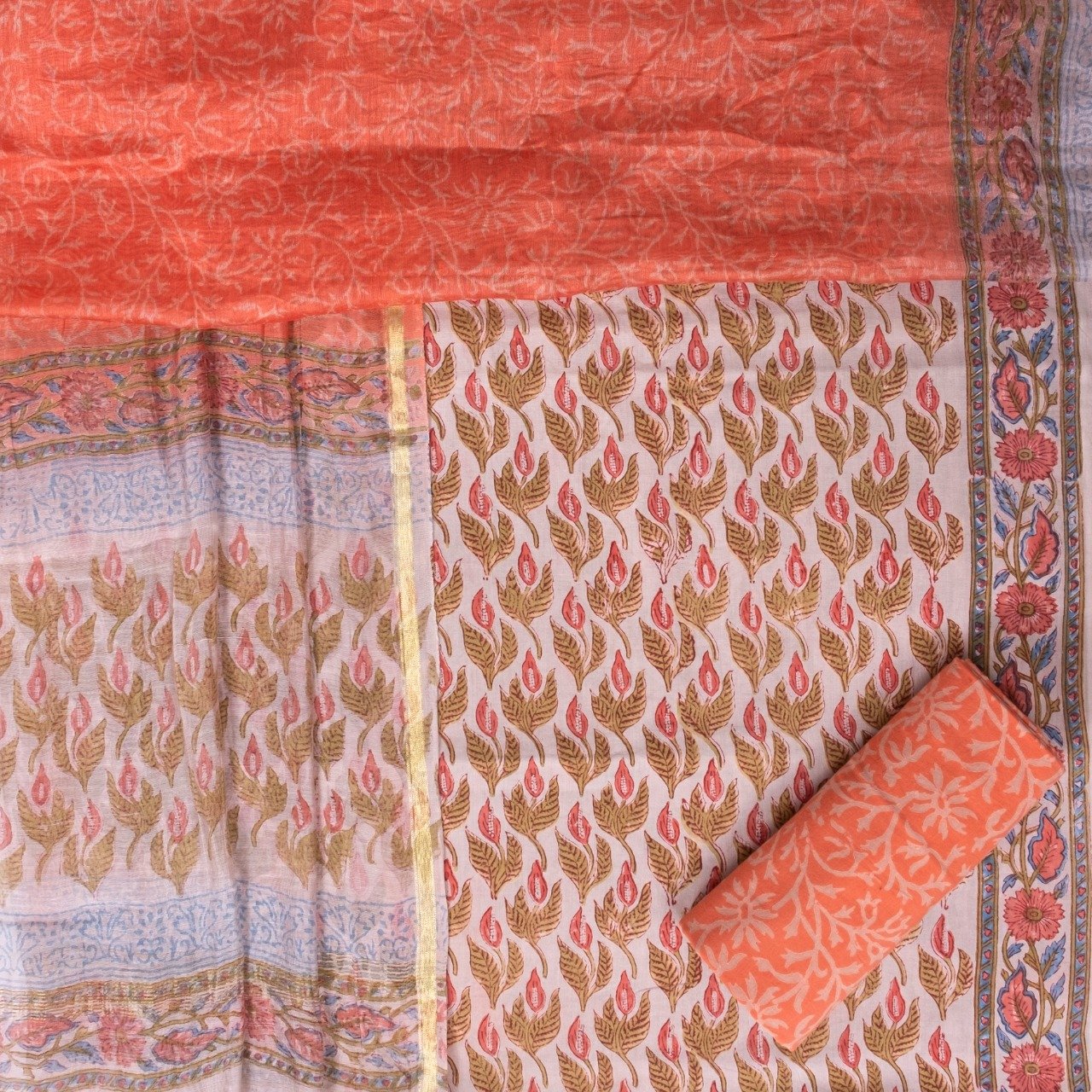 Shop Unstitched Hand Block Print Chanderi Silk Suit sets (CHA351)