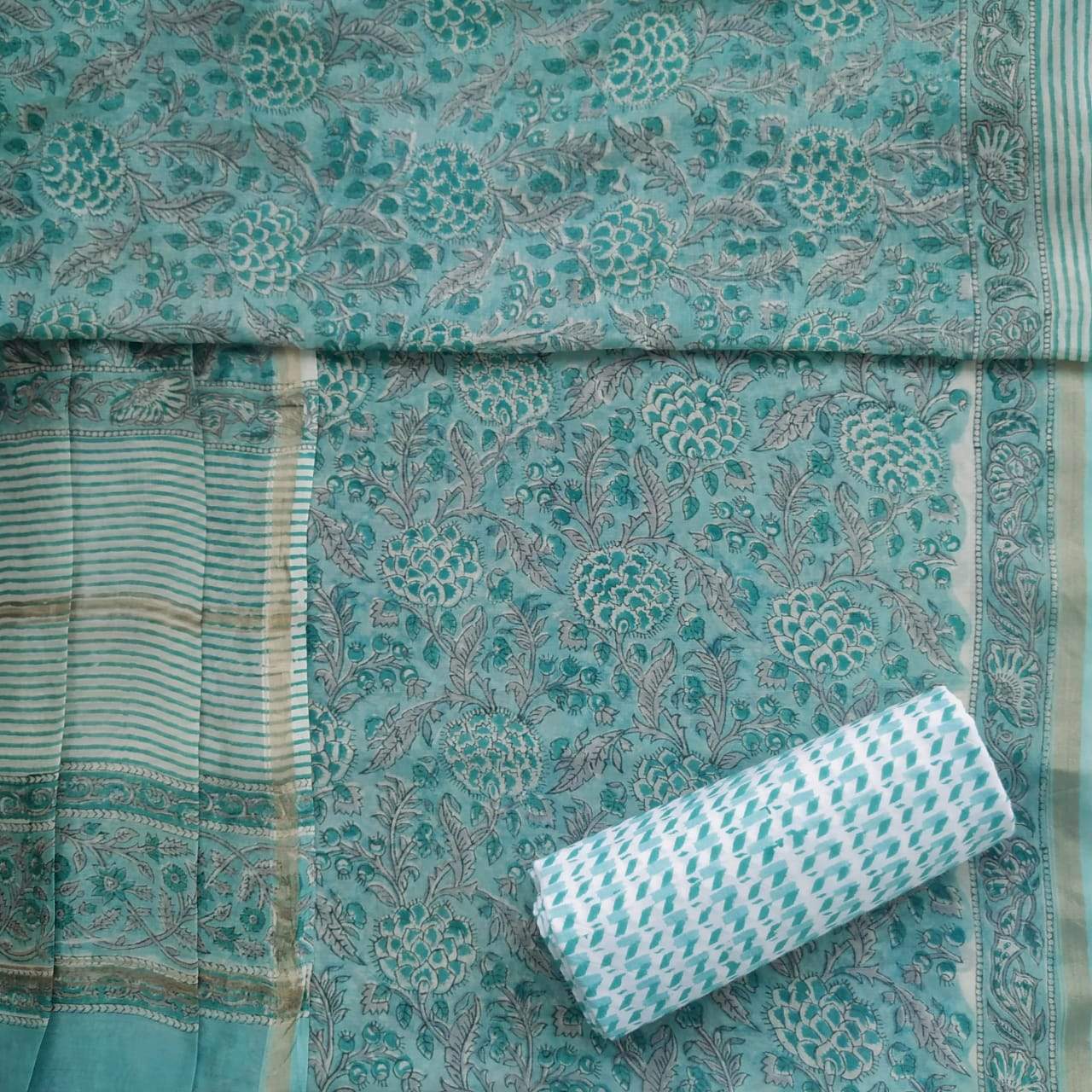 Traditional Hand Block Floral Jaal Print Chanderi Silk Suit Set (CHA389)