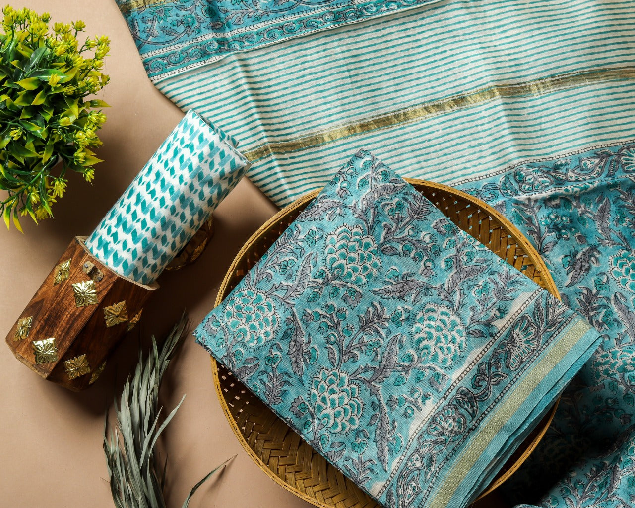 Traditional Hand Block Floral Jaal Print Chanderi Silk Suit Set (CHA389)