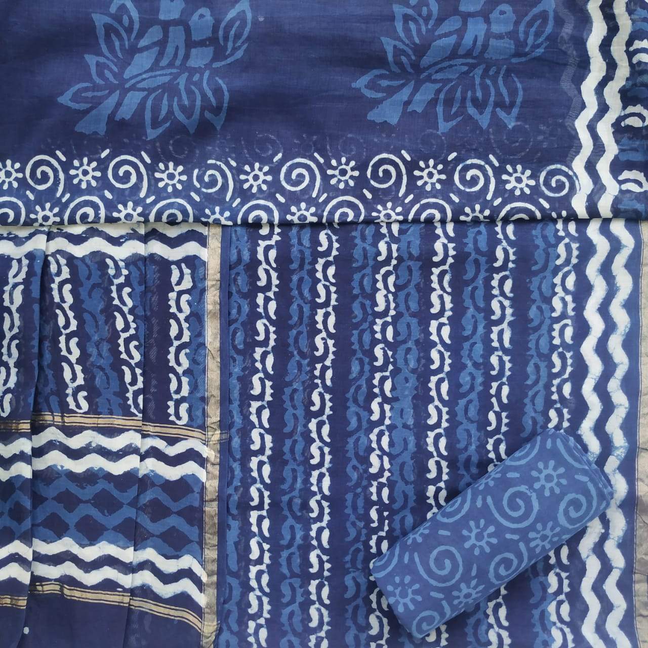 Shop Unstitched Indigo Print Chanderi Silk Suit sets (CHA393)