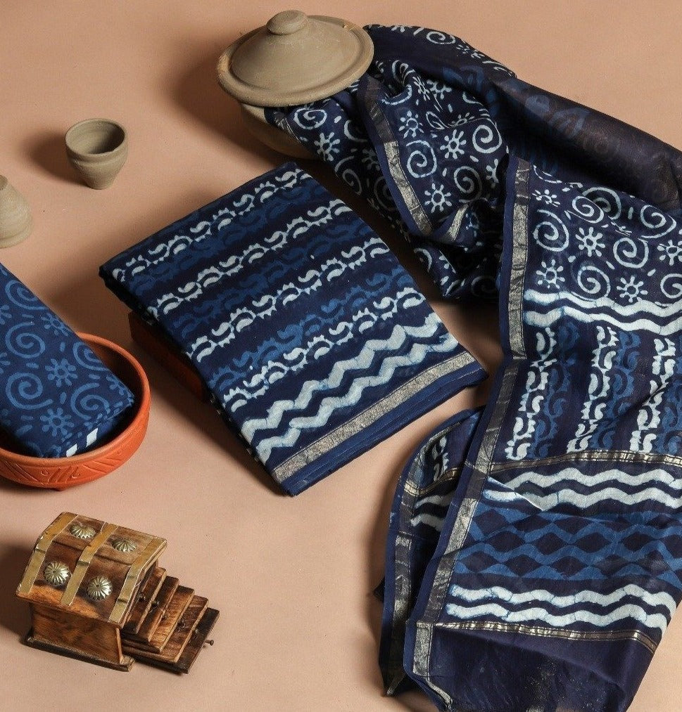 Shop Unstitched Indigo Print Chanderi Silk Suit sets (CHA393)