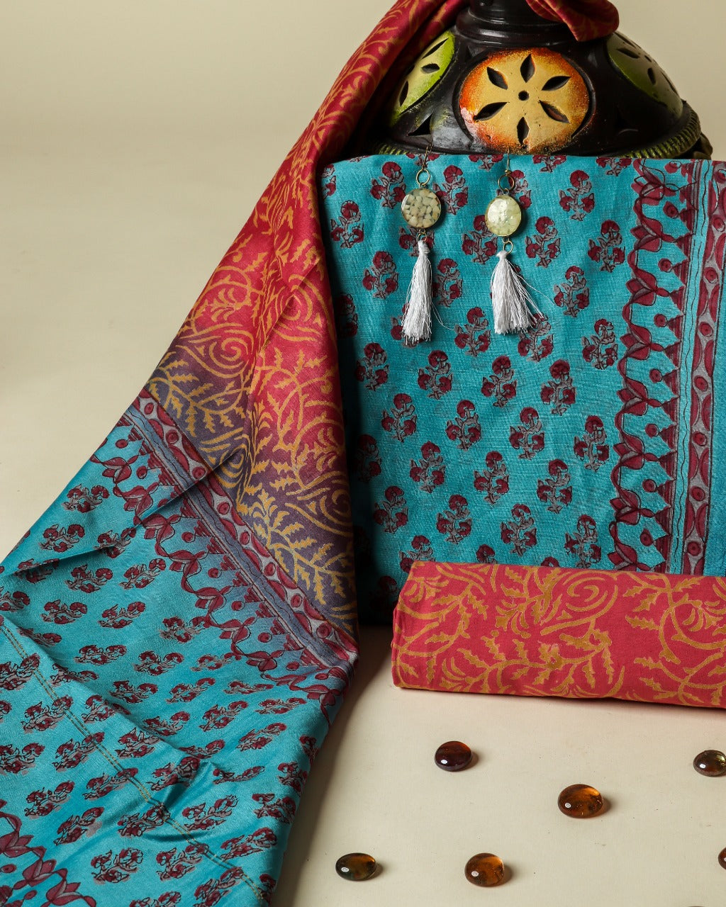 Shop Unstitched Hand Block Print Chanderi Silk Suit Sets (CHA420)