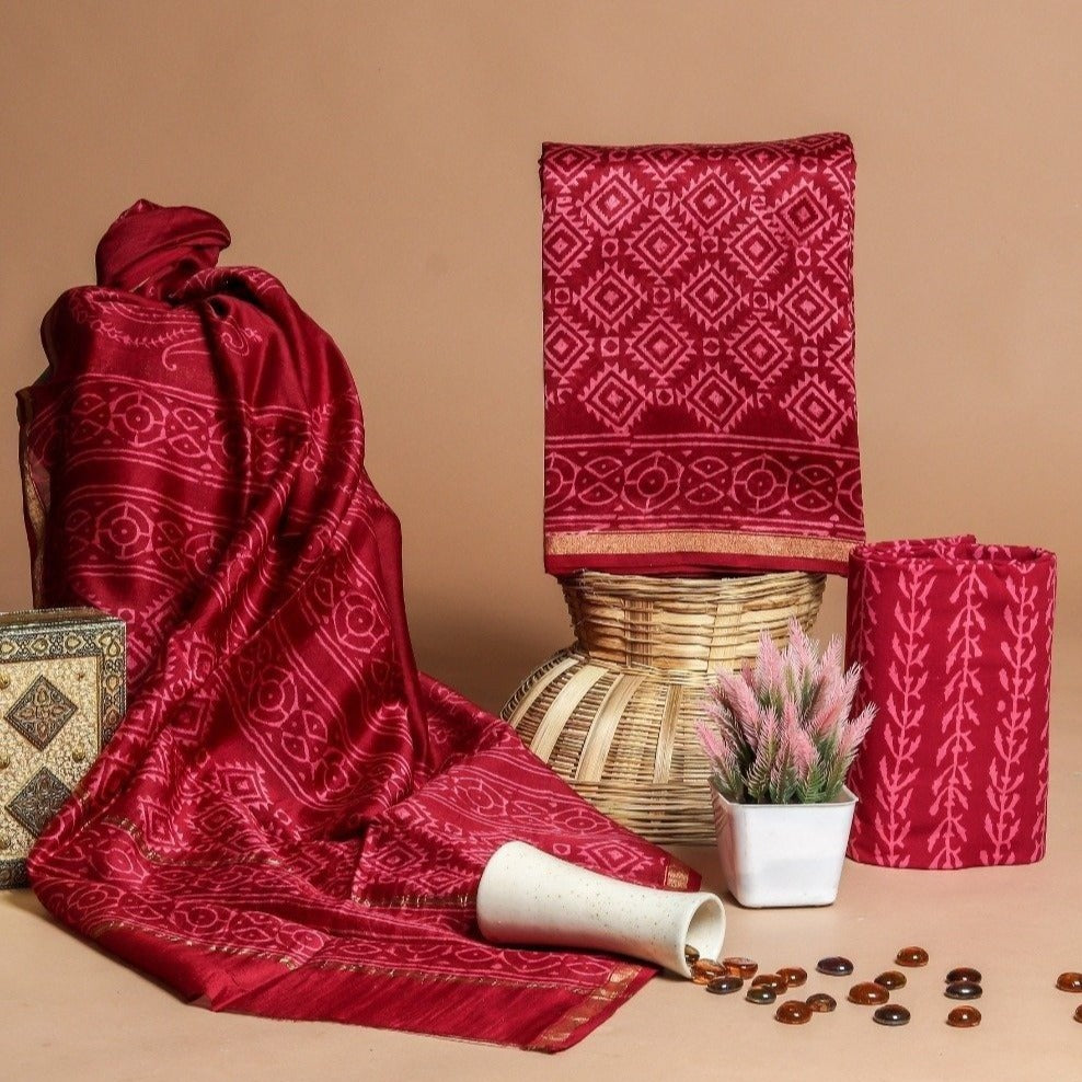 Shop Unstitched Hand Block Print Chanderi Silk Suit Sets (CHA425)