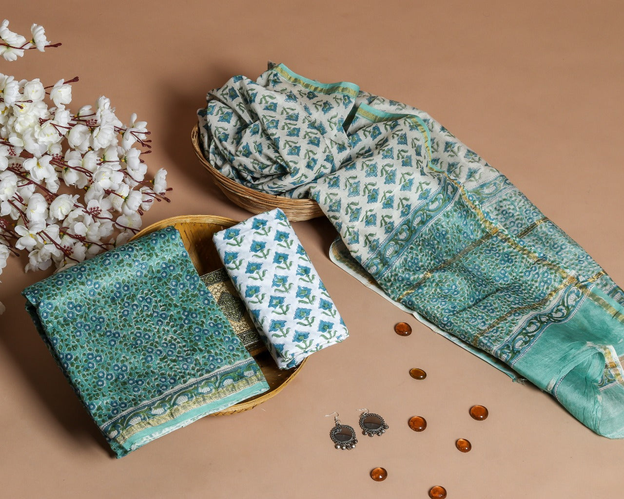 Shop Unstitched Hand Block Print Chanderi Silk Suit sets online (CHA430)
