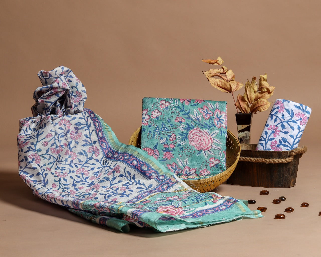 Shop Unstitched Hand Block Print Chanderi Silk Suit sets (CHA432)
